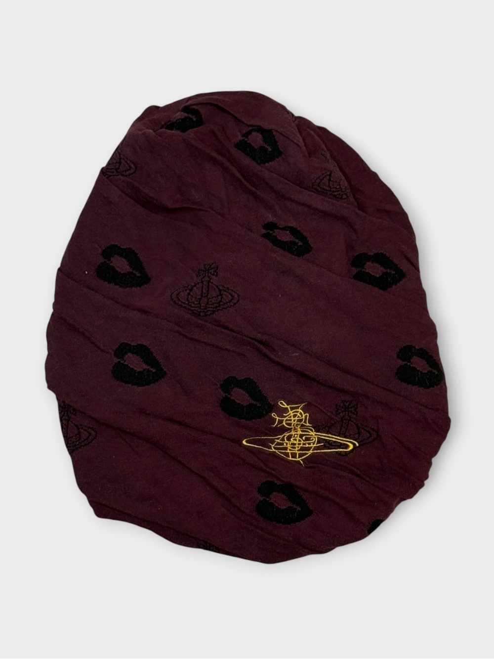 Vivienne Westwood Lips Orb Beanie Hat Burgundy Black Slouch Knit Hat Y2K